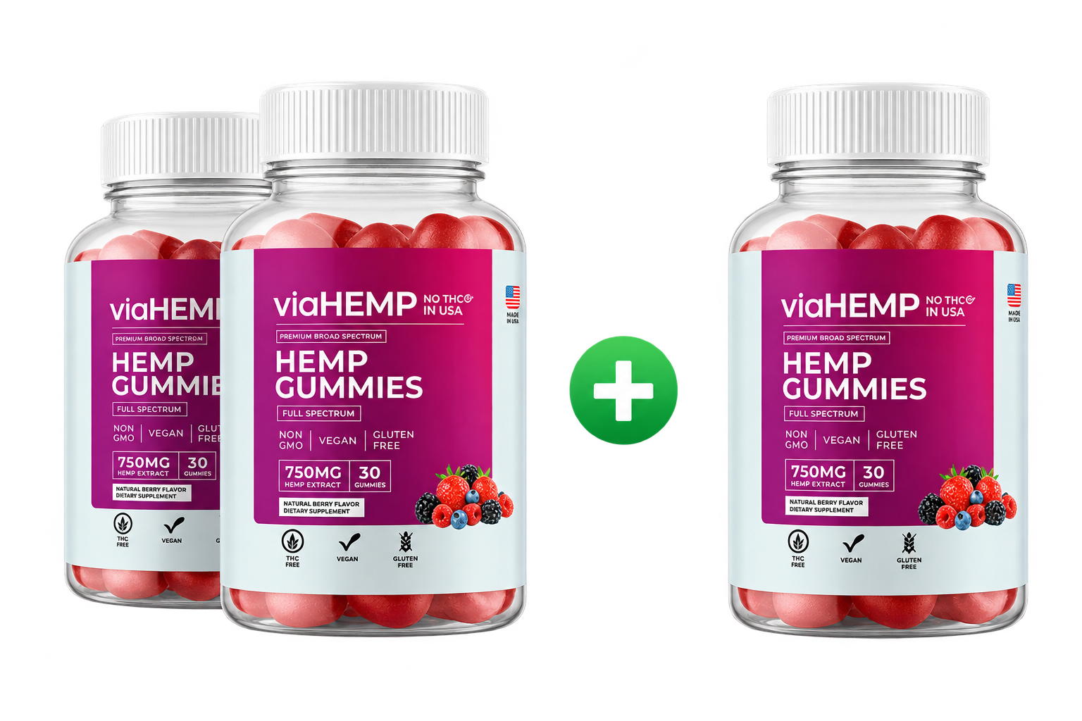 Three Via Hemp Gummies bottles: buy 2 and get 1 free