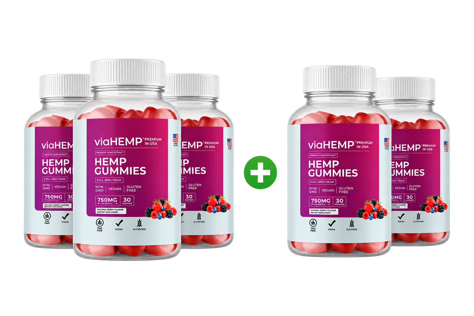 Five Via Hemp Gummies bottles: buy 3 and get 2 free