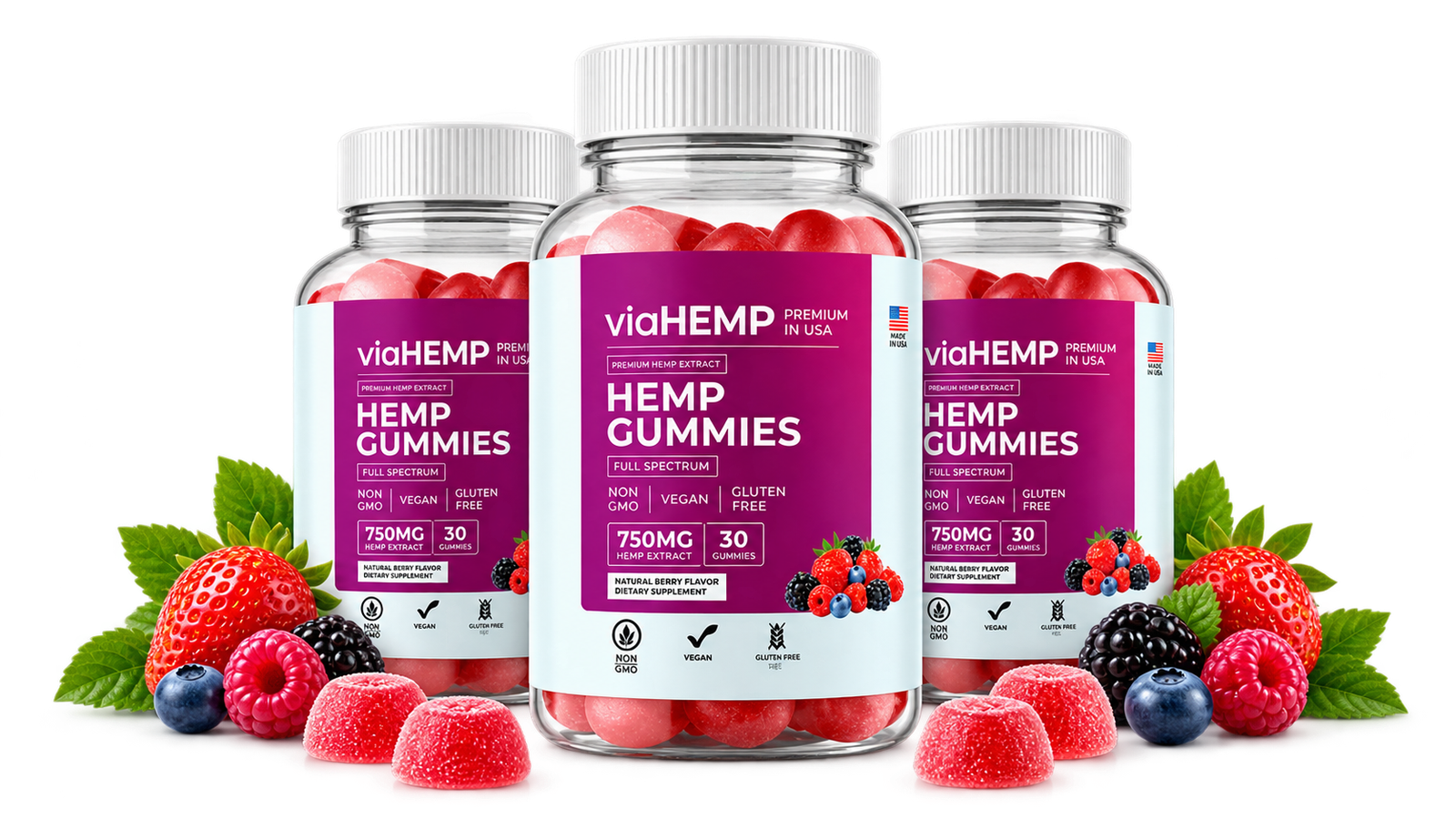 Via Hemp Gummies Canada three-bottle berry gummy display